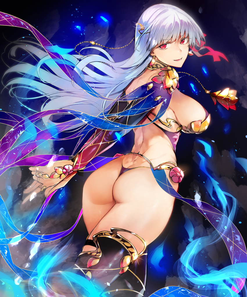 1girl absurdres armlet armor arms_behind_back ass back bangs bikini bikini_armor blue_fire blush bracelet breasts circlet collar detached_sleeves dress earrings fate/grand_order fate_(series) fire floral_print flower hair_ribbon highleg highleg_bikini highres jewelry kama_(fate/grand_order) large_breasts long_hair looking_at_viewer looking_back lotus metal_collar navel nishiide_kengorou open_mouth pelvic_curtain purple_dress purple_legwear red_eyes ribbon ring silver_hair smile swimsuit thighhighs thighlet thighs thong