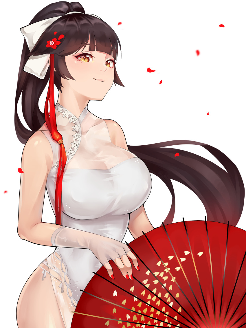 1girl absurdres azur_lane bare_shoulders bow breasts brown_hair china_dress chinese_clothes cleavage dress fan fingerless_gloves flower gloves hair_bow hair_flower hair_ornament highres large_breasts long_hair looking_at_viewer nail_polish pelvic_curtain red_nails see-through skin_tight sleeveless sleeveless_dress solo takao_(azur_lane) takao_(spring_learning)_(azur_lane) very_long_hair viinaa white_bow white_dress yellow_eyes