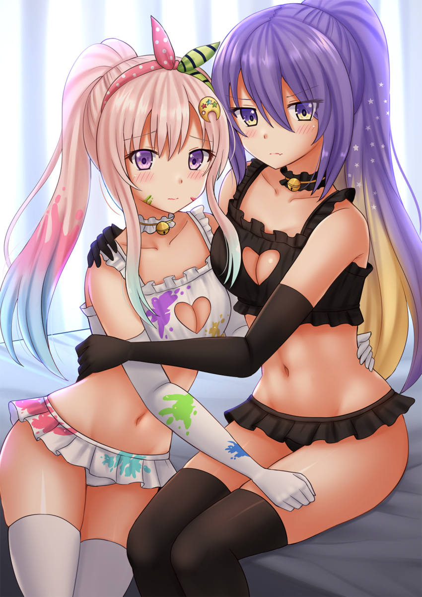 2girls airani_iofifteen bangs bare_shoulders bed bell bell_collar black_bra black_gloves black_legwear black_panties blue_hair blurry blurry_background blush bra breasts cleavage cleavage_cutout collar collarbone commentary_request crescent crescent_hair_ornament elbow_gloves eyebrows_visible_through_hair gloves gradient_hair hair_between_eyes hair_ornament hairband hand_on_another's_shoulder highres hololive hololive_indonesia hug kazenokaze looking_at_viewer medium_breasts moona_hoshinova multicolored_hair multiple_girls navel orange_hair paint_splatter panties pink_hair purple_eyes purple_hair sidelocks sitting thighhighs underwear virtual_youtuber white_bra white_gloves white_legwear white_panties