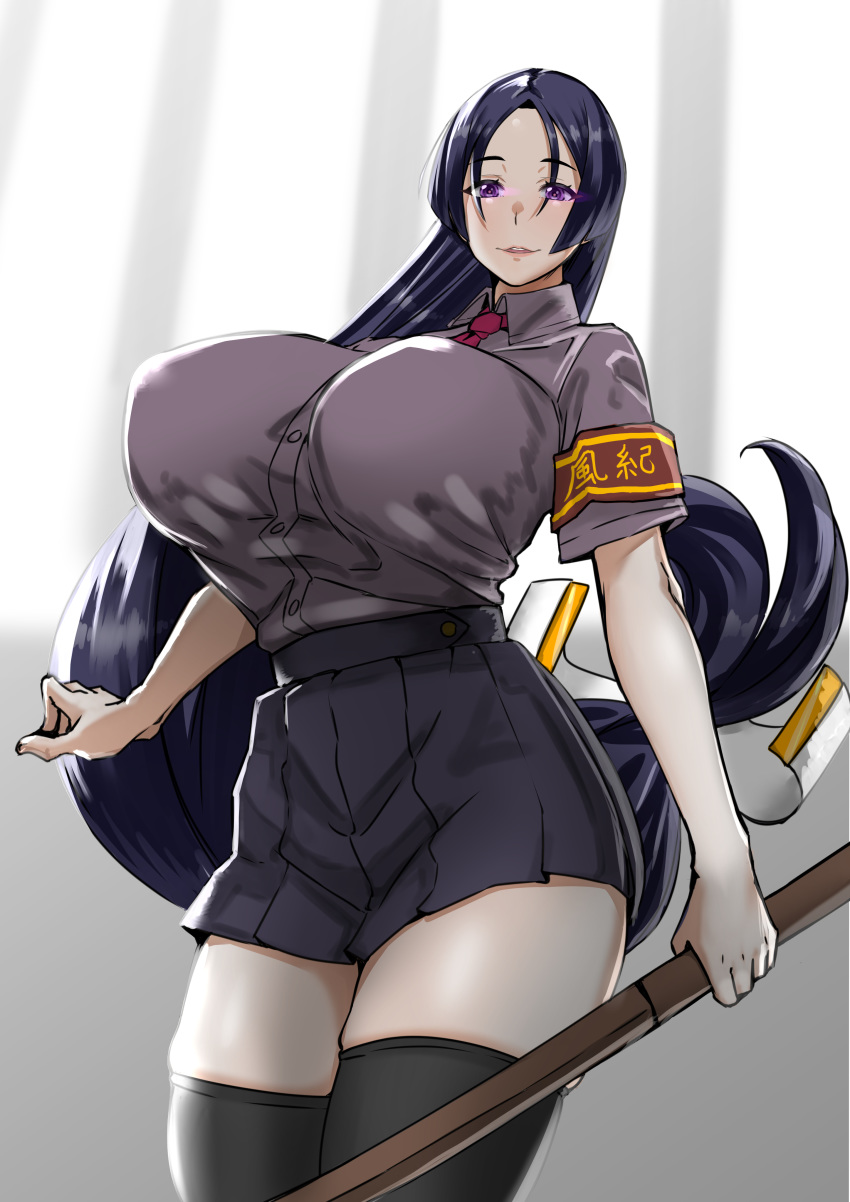 1girl absurdres alternate_costume armband bangs black_hair black_legwear black_skirt bokken breasts collared_shirt commentary_request dress_shirt fate/grand_order fate_(series) highres holding holding_weapon huge_breasts indoors long_hair looking_at_viewer low_tied_hair minamoto_no_raikou_(fate/grand_order) miniskirt parted_bangs parted_lips pleated_skirt purple_eyes red_neckwear school_uniform shirt short_sleeves skirt sword thighhighs thighs uc uniform very_long_hair weapon wooden_sword