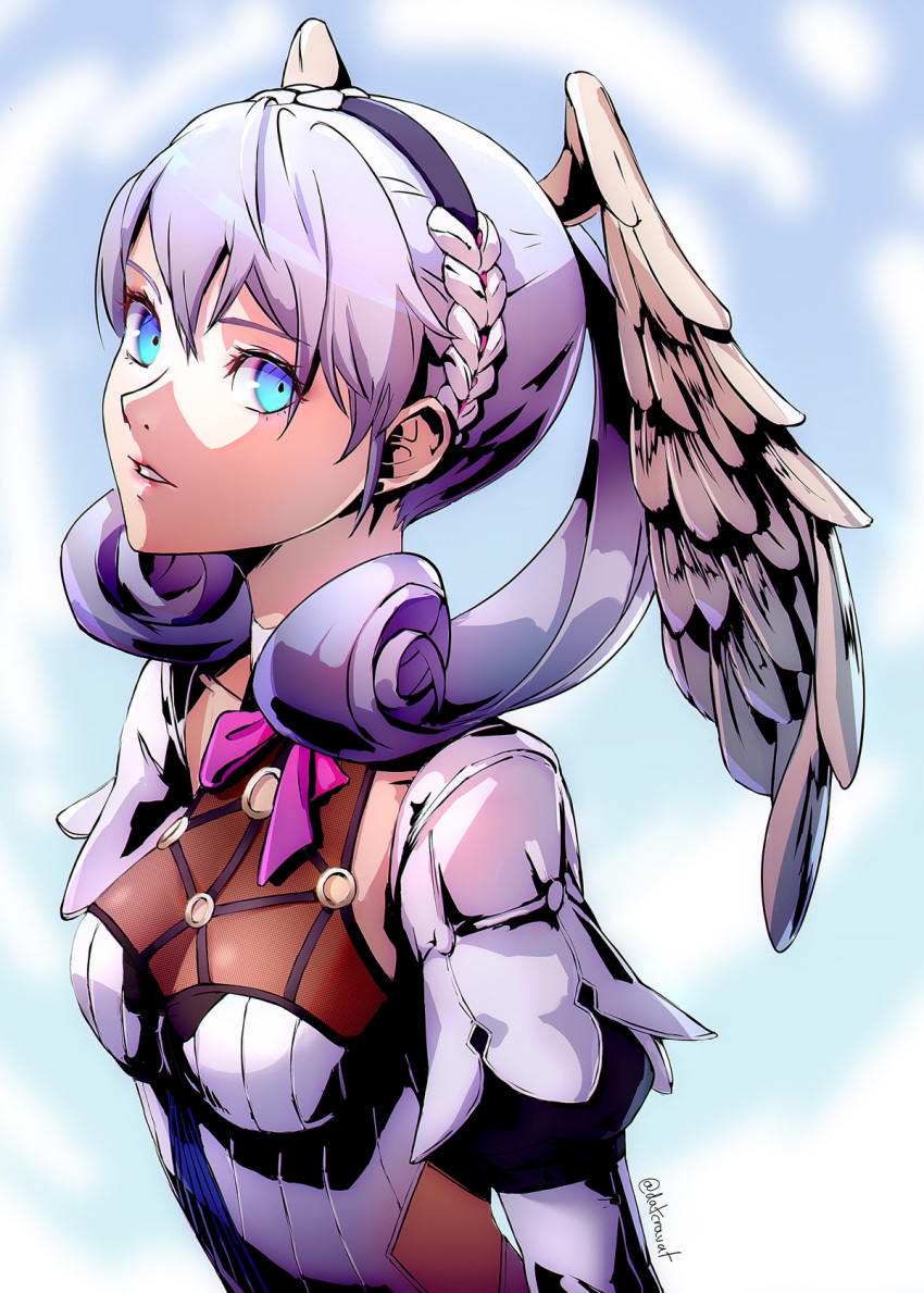 1girl blue_eyes braid breasts crown_braid datcravat feathered_wings head_wings highres juliet_sleeves long_sleeves medium_breasts melia o-ring parted_lips puffy_sleeves signature silver_hair solo upper_body wings xenoblade_(series) xenoblade_1 xenoblade_1:_tsunagaru_mirai