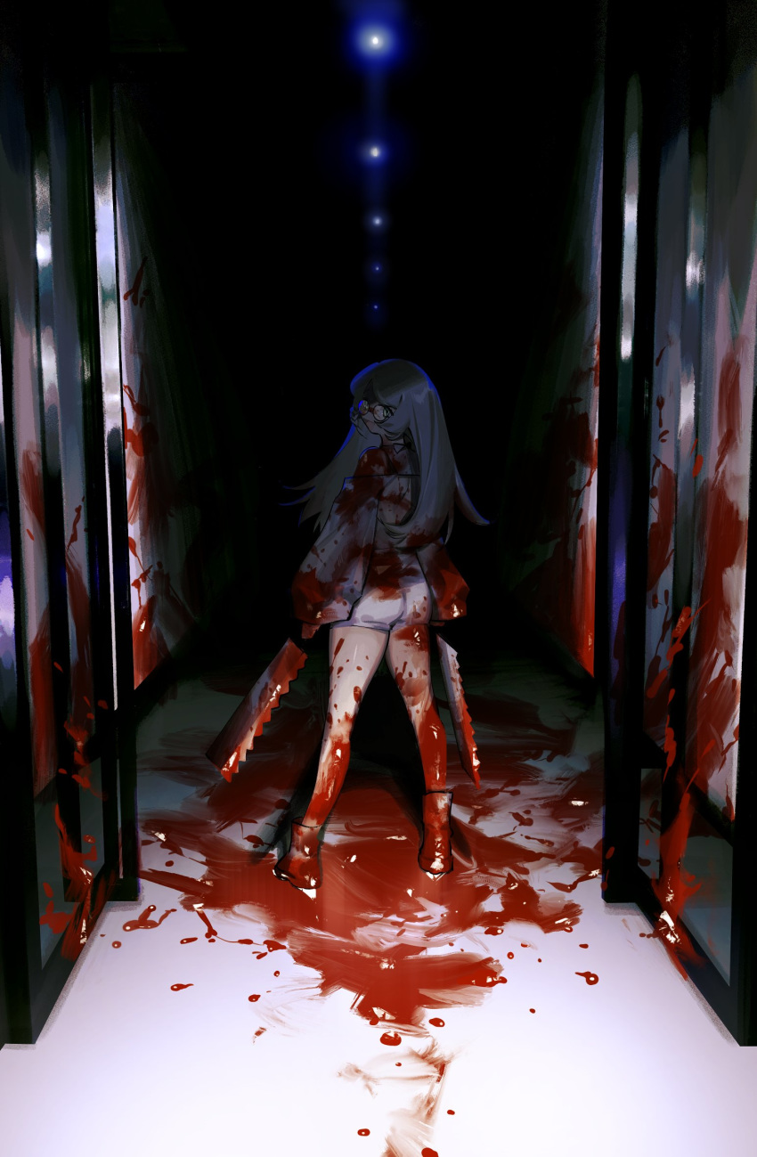 1girl bare_shoulders blood blood_on_face blood_on_wall bloody_clothes bloody_hands bloody_weapon braid door dual_wielding glasses green_eyes grey_hair highres holding holding_weapon ierotak long_hair looking_back murder open_door open_mouth original pov round_eyewear shoulder_cutout sleeves_past_wrists smile solo standing weapon