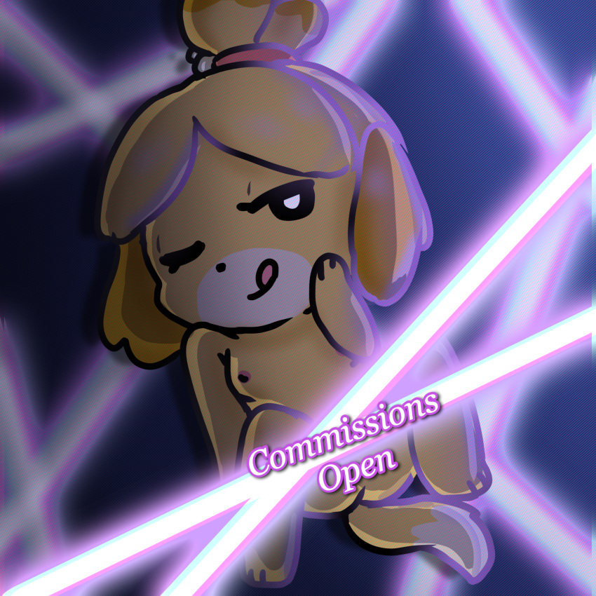 animal_crossing anthro breasts canid canine canis censored digital_media_(artwork) domestic_dog english_text female fur hi_res isabelle_(animal_crossing) looking_at_viewer mammal muffinlewds neon_lights nightclub nintendo nipples nude one_eye_closed purple_background shih_tzu simple_background smile solo spread_legs spreading teasing text tongue tongue_out toy_dog video_games wink