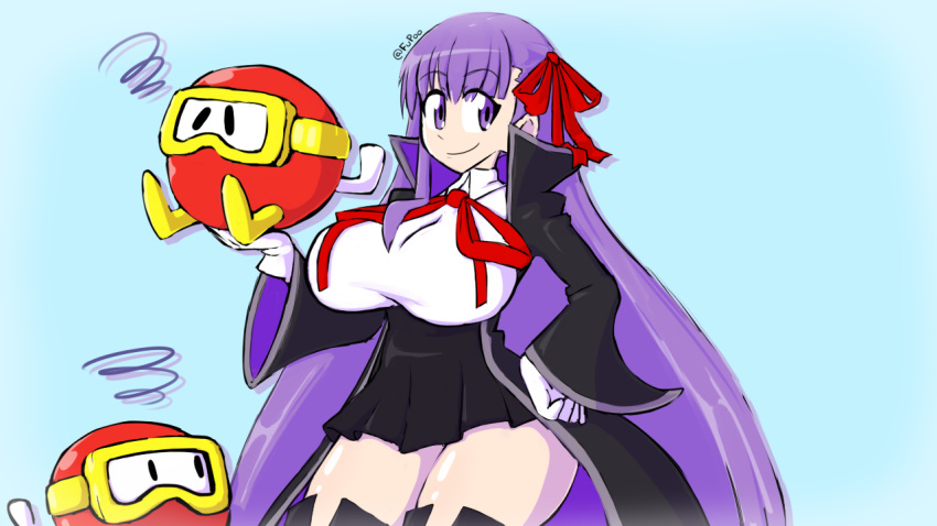 1girl bb_(fate)_(all) bb_(fate/extra_ccc) boots breasts collared_shirt dig_dug fang fate/extra fate/extra_ccc fate/extra_record fate_(series) fupoo gloves hair_ribbon huge_breasts large_breasts long_hair open_mouth pooka purple_eyes purple_hair ribbon shirt skirt solo thigh_boots thighhighs thighs twitter_username very_long_hair wide_sleeves