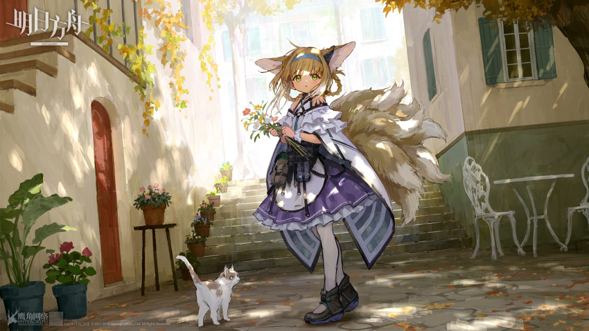 1girl animal_ears arknights bare_shoulders blonde_hair blush braid cat chair copyright_name day door flower flower_pot fox_ears fox_tail full_body green_eyes hairband highres kyuubi looking_at_viewer multiple_tails open_mouth outdoors pantyhose sho_(sho_lwlw) skirt solo stairs standing suzuran_(arknights) table tail translation_request tree