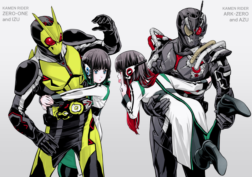 2boys 2girls :p absurdres akanbe antennae aqua_eyes aqua_hair armor as_(kamen_rider_01) bangs belt black_hair blunt_bangs boots bow character_name frown grey_background helmet highres holding_person hug humagear_headphones is_(kamen_rider_01) jacket kamen_rider kamen_rider_01_(series) kamen_rider_ark-zero kamen_rider_zero-one leg_hold lips lipstick long_hair long_sleeves makeup multicolored_hair multiple_boys multiple_girls parashima_tenko red_eyes red_hair rider_belt robot_ears short_hair simple_background streaked_hair tongue tongue_out two-tone_hair white_jacket