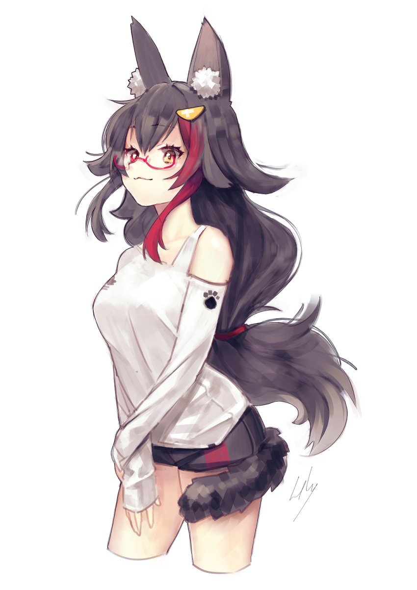 1girl :3 animal_ears bare_legs black_hair black_shorts breasts closed_mouth commentary cowboy_shot eyebrows_visible_through_hair eyelashes glasses hair_between_eyes hair_ornament highres hololive long_hair long_sleeves looking_at_viewer medium_breasts multicolored_hair ookami_mio red-framed_eyewear red_hair semi-rimless_eyewear shirt short_shorts shorts shoulder_cutout signature simple_background sleeves_past_wrists smile solo streaked_hair sumi_(oyasumie) tail thighs two-tone_hair white_background white_shirt wolf_ears wolf_tail yellow_eyes