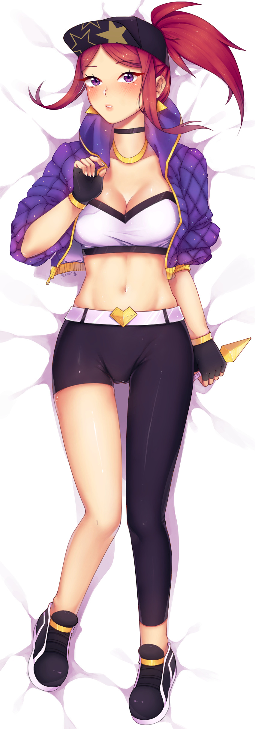 1girl absurdres akali asymmetrical_clothes asymmetrical_legwear baseball_cap bed_sheet belt blush bracelet breasts choker cleavage cropped_jacket dakimakura fingerless_gloves full_body gloves hat highres holding holding_knife holding_weapon idol jacket jewelry k/da_(league_of_legends) k/da_akali knife league_of_legends long_hair looking_at_viewer lying makeup midriff navel on_back open_clothes open_mouth ponytail purple_eyes purple_hair solo weapon