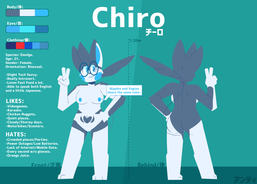 &lt;3_marking 2020 3_toes 4_fingers absurd_res anthro blue_body blue_cheeks blue_eyes blue_fur blue_nipples breasts chiro_(skweekers) emolga english_text eyewear female fingers front_view fur genitals gesture glasses grey_body grey_fur grey_hair hair hi_res japanese_text looking_at_viewer mammal medium_breasts model_sheet multiple_angles murid nintendo nipples pok&eacute;mon pok&eacute;mon_(species) pseudo_hair pussy rear_view rodent skweekers smile solo standing text toes v_sign video_games white_body white_fur