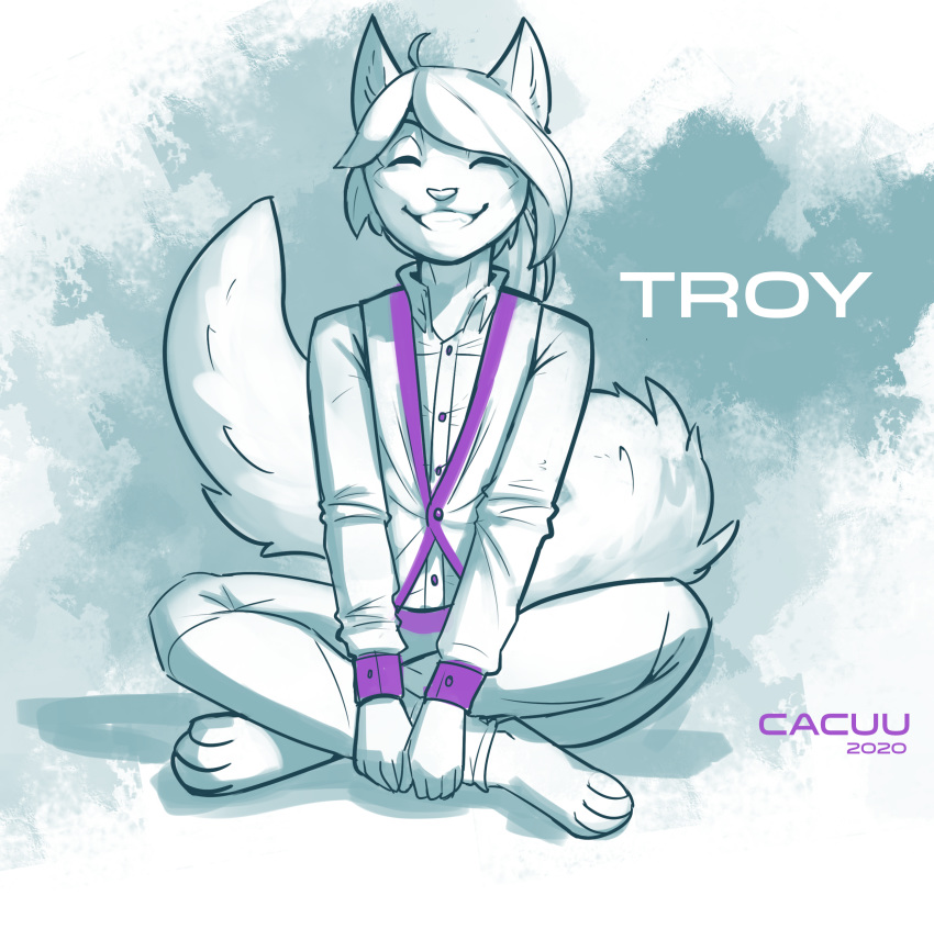 absurd_res anthro cacuu felid feline fluffy fluffy_tail formal_clothing formal_wear hi_res holding_ankle male mammal sitting sketch smile solo troy_lesage