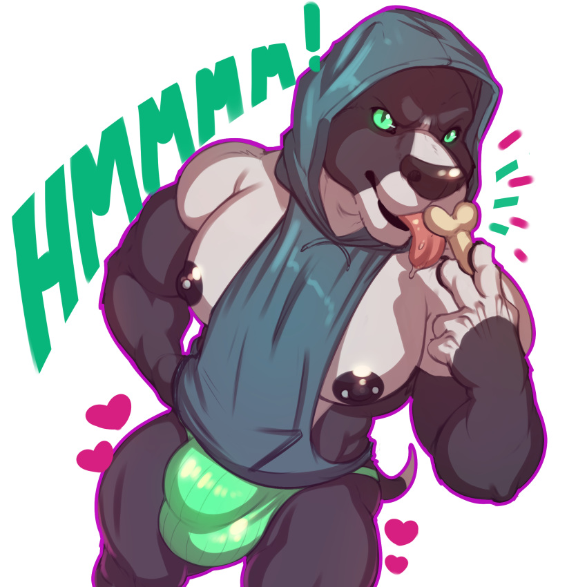 ! &lt;3 1:1 2018 alpha_channel anthro big_bulge big_pecs bodily_fluids bulge canid canine canis clothing daxx_(shirteater18) digital_media_(artwork) dog_treat domestic_dog emanata hi_res high-angle_view hoodie licking looking_at_viewer male mammal marlon.cores muscular muscular_anthro muscular_male nipple_piercing nipples obliques onomatopoeia pecs piercing pit_bull saliva shirteater18 simple_background sleeveless_hoodie solo sound_effects text thong tongue tongue_out topwear transparent_background underwear