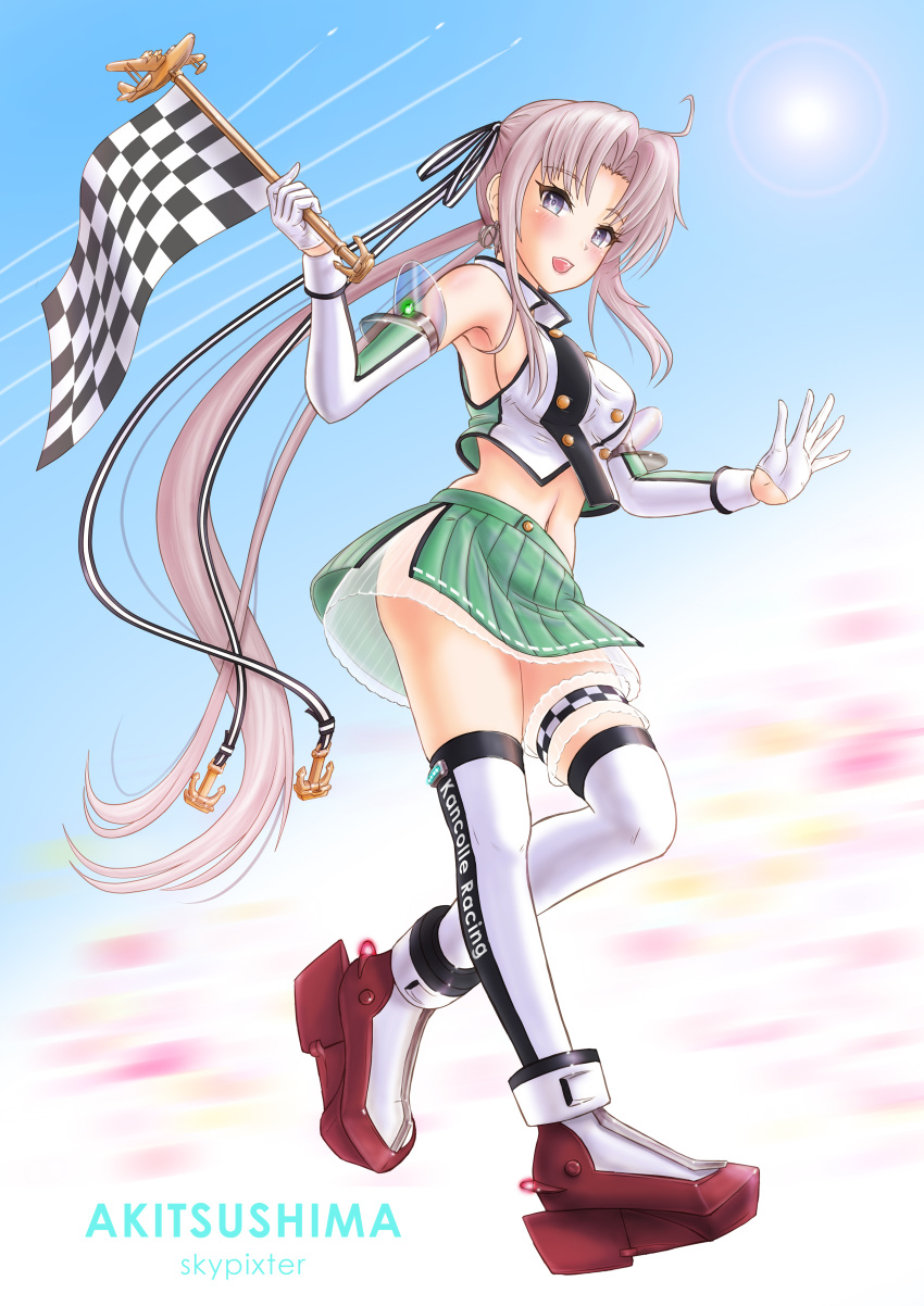 1girl absurdres adapted_costume ahoge akitsushima_(kantai_collection) character_name checkered checkered_flag commentary_request flag full_body green_skirt hair_ribbon highres kantai_collection long_hair looking_at_viewer midriff pleated_skirt purple_eyes purple_hair race_queen ribbon rudder_footwear side_ponytail sidelocks skirt skypixter solo thighhighs underskirt white_legwear