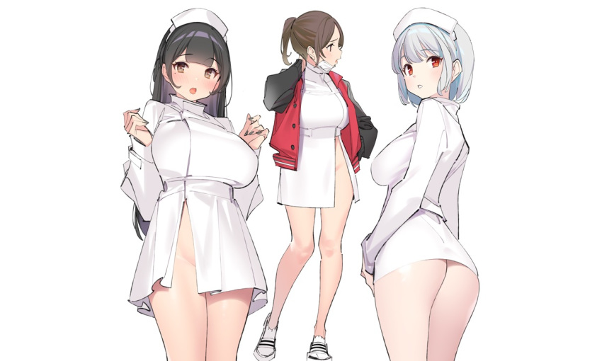 ass black_hair blush brown_eyes gray_hair headdress long_hair mask nopan nurse original ponytail pop_kyun red_eyes short_hair sketch third-party_edit white