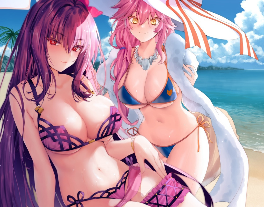 2girls beach bikini breasts cat_smile cleavage clouds cropped fate/grand_order fate_(series) foxgirl garter hat long_hair necklace pink_hair ponytail purple_hair red_eyes ribbons scathach_(fate/grand_order) sky swimsuit tail tamamo_no_mae_(fate) water wet wristwear xin_(moehime) yellow_eyes