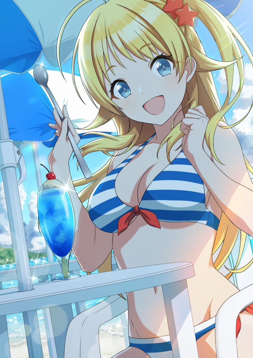1girl :d amochin bangs bare_arms bare_shoulders bikini blonde_hair blue_eyes breasts chair cherry cleavage collarbone commentary_request cup day drinking_glass eyebrows_visible_through_hair food front-tie_top fruit groin hachimiya_meguru hair_flaps hair_ornament highres holding holding_spoon ice_cream idolmaster idolmaster_shiny_colors long_hair looking_at_viewer medium_breasts navel on_chair one_side_up open_mouth outdoors parasol sitting smile solo spoon star_(symbol) star_hair_ornament striped striped_bikini swimsuit table umbrella very_long_hair