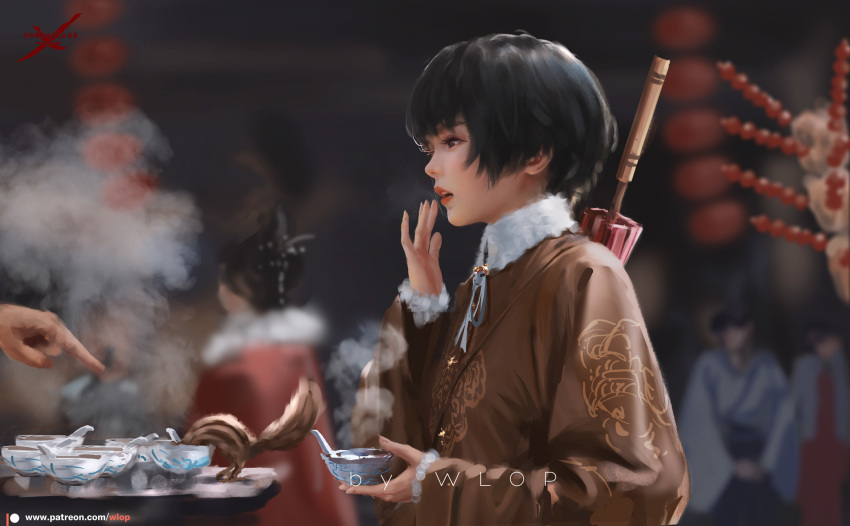 2girls 4others bangs black_hair blurry blurry_background brown_eyes chipmunk cup fur_collar ghostblade highres lips multiple_girls multiple_others open_mouth oriental_umbrella profile short_hair solo_focus squirrel umbrella wlop