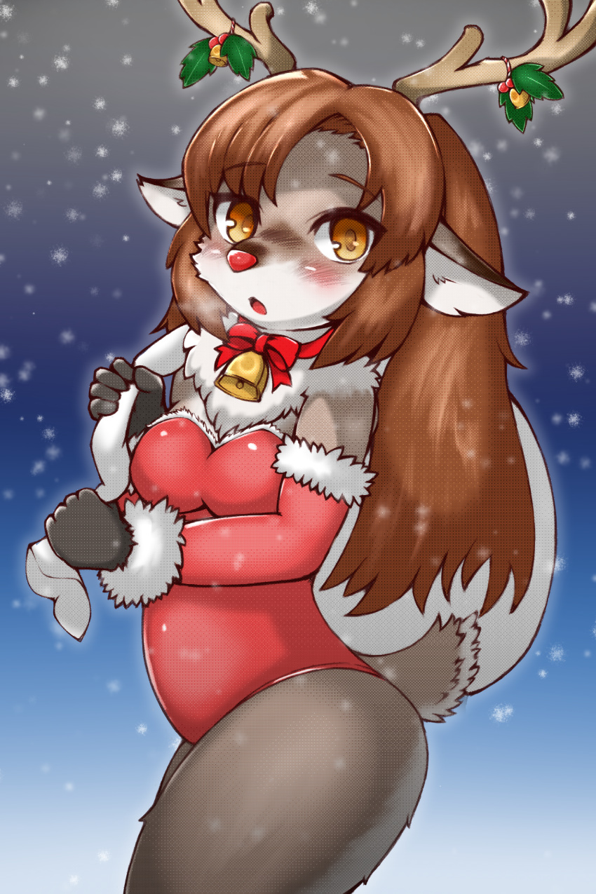 2018 3:2 absurd_res anthro antlers bell breasts brown_hair capreoline cervid christmas clothing female hair hi_res holidays holly_(plant) horn leotard mammal plant red_nose reindeer shitsu_kushi-mono snow solo