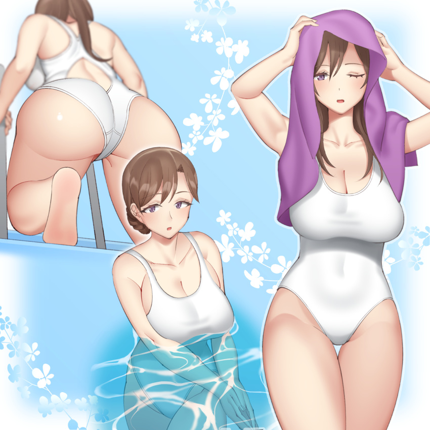 1girl ass bangs braid braided_bun breasts brown_hair cleavage covered_nipples drying drying_hair eyebrows_visible_through_hair highres kitazawa_(embers) large_breasts long_hair looking_at_viewer mature multiple_views one-piece_swimsuit one_eye_closed open_mouth original partially_submerged purple_eyes solo_focus swimsuit towel towel_on_head white_swimsuit