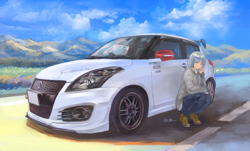 1girl bangs blue_eyes car denim grey_sweater ground_vehicle highres jeans long_hair looking_down momo_hiki motor_vehicle original pants personification solo spoiler_(automobile) squatting suzuki_(company) sweater vehicle_focus white_hair