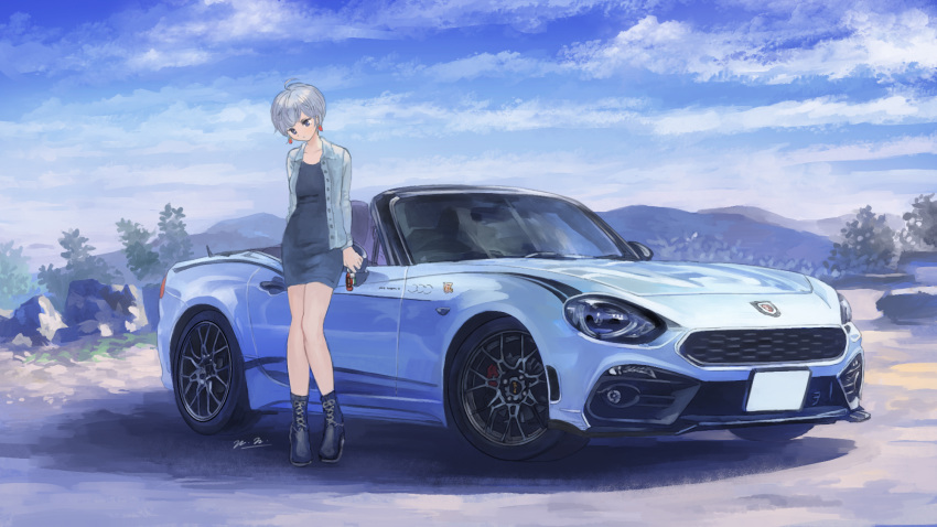 1girl black_dress blue_jacket car dress earrings fiat fiat_124_spider grey_eyes ground_vehicle highres jacket jewelry leaning_back looking_down momo_hiki motor_vehicle original personification short_hair vehicle_focus white_hair