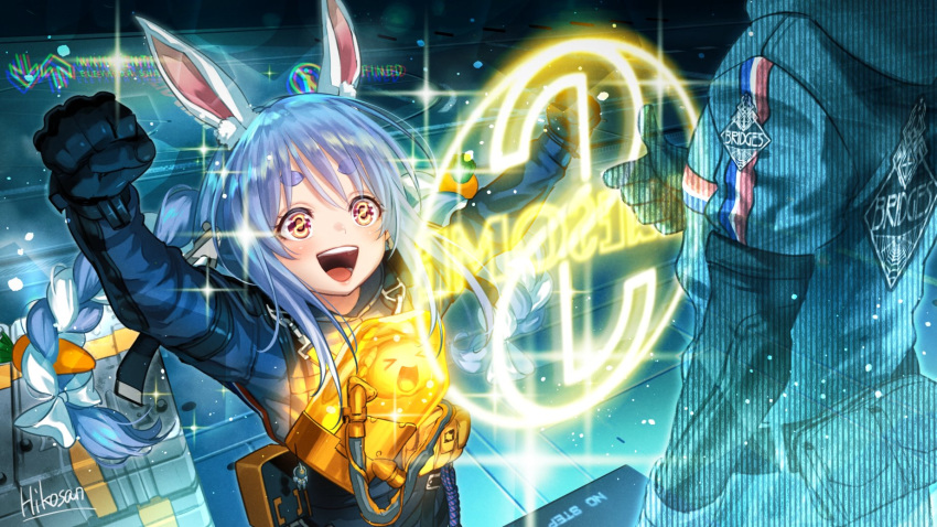 1boy 1girl animal_ears arms_up artist_name bangs blue_bodysuit blue_hair bodysuit braid bunny_ears bunny_girl carrot clenched_hands commentary_request container cosplay death_stranding eyebrows_visible_through_hair finger_gun hair_between_eyes highres hikosan20216917 hologram hololive long_hair multicolored_hair open_mouth rigging sam_porter_bridges sam_porter_bridges_(cosplay) sidelocks sparkle thick_eyebrows twin_braids two-tone_hair usada_pekora white_hair