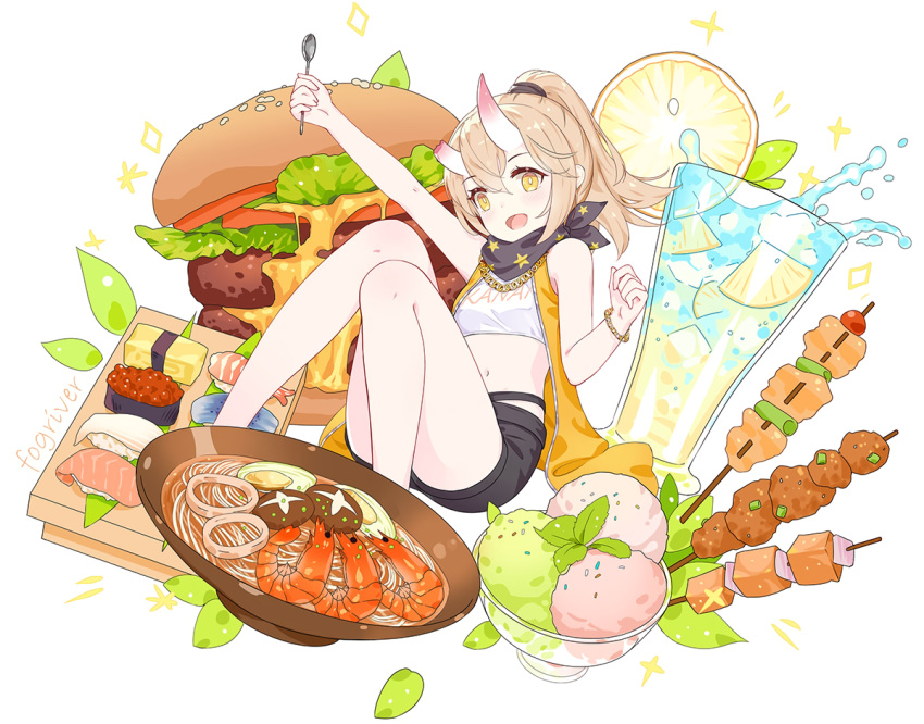 brown_hair drink flat_chest fogriver food fruit honkai_impact ice_cream leaves necklace ponytail scarf shorts tagme_(character) watermark white wristwear yellow_eyes