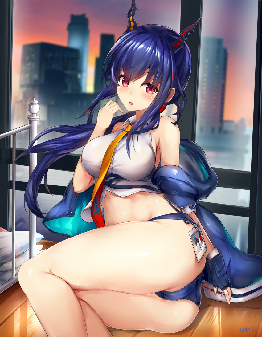 1girl absurdres arknights ass bangs bare_legs bare_shoulders blue_hair blue_jacket blue_panties blush breasts cameltoe ch'en_(arknights) chinese_commentary city commentary_request dragon_horns eyebrows_visible_through_hair feet_out_of_frame hand_up highres horns id_card indoors jacket large_breasts long_hair looking_at_viewer midriff off_shoulder open_clothes open_jacket panties parted_lips red_eyes shirt sleeveless sleeveless_shirt solo thighs underwear white_shirt yusan
