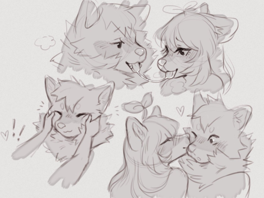 ! &lt;3 anthro blush bodily_fluids breath canid canine canis chowba domestic_dog duo eyes_closed female grey_background hair hazel_(lewdshiba) kissing kissing_cheek lewdshiba long_hair looking_at_another male mammal monochrome neck_tuft open_mouth petting plant plant_hair pseudo_hair saliva saliva_string short_hair simple_background teeth tongue tuft wince