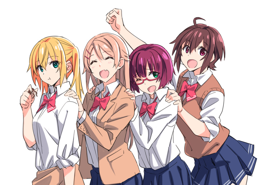 4girls amatani_mutsu behind_another blonde_hair brown_hair closed_eyes commentary commentary_request from_side glasses green_eyes hand_on_shoulder hands_on_another's_shoulders happy kujou_shion long_hair looking_at_viewer medium_hair multiple_girls onishima_homare open_mouth purple_hair rimless_eyewear school_uniform simple_background skirt sounan_desuka? suzumori_asuka suzutsuki_kurara sweater_vest twintails white_background