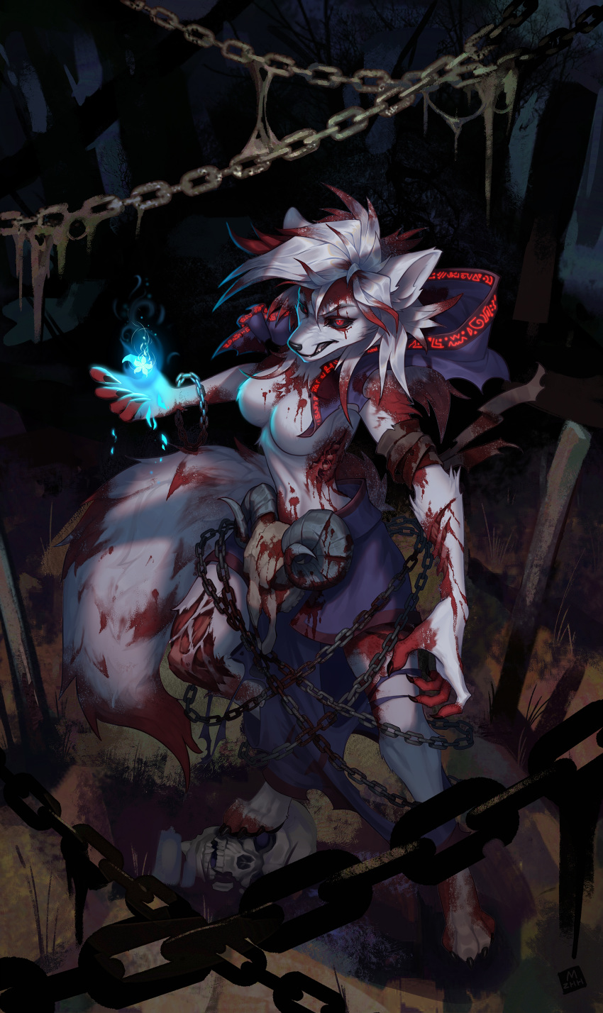absurd_res animal_skull anthro bandage bandaged_arm bangs barefoot black_sclera blood blue_fire bodily_fluids bone bottomwear breasts canid canine canis chain claws clenched_teeth clothing colored_fire deep_wound exposed_muscle exposed_ribs fangs female fire fur glowing glowing_eyes gore grass grey_body grey_fur hair hi_res hood horn long_hair magic mammal mzhh navel pawpads paws purple_bottomwear purple_clothing purple_skirt raised_arm red_eyes ribs runes sharp_teeth silver_hair skirt solo teeth torn_clothing torn_skirt wolf wounded