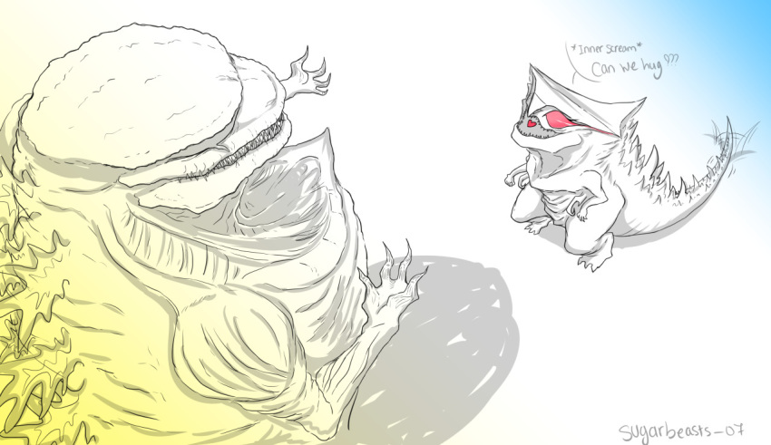 &lt;3 anthro child claws dialogue dialogue_box duo fangs female godzilla godzilla_(series) hybrid kaiju male muto_(godzilla) open_mouth open_smile red_eyes scar simple_background smile spikes tentacles toho vipery-07 white_background young