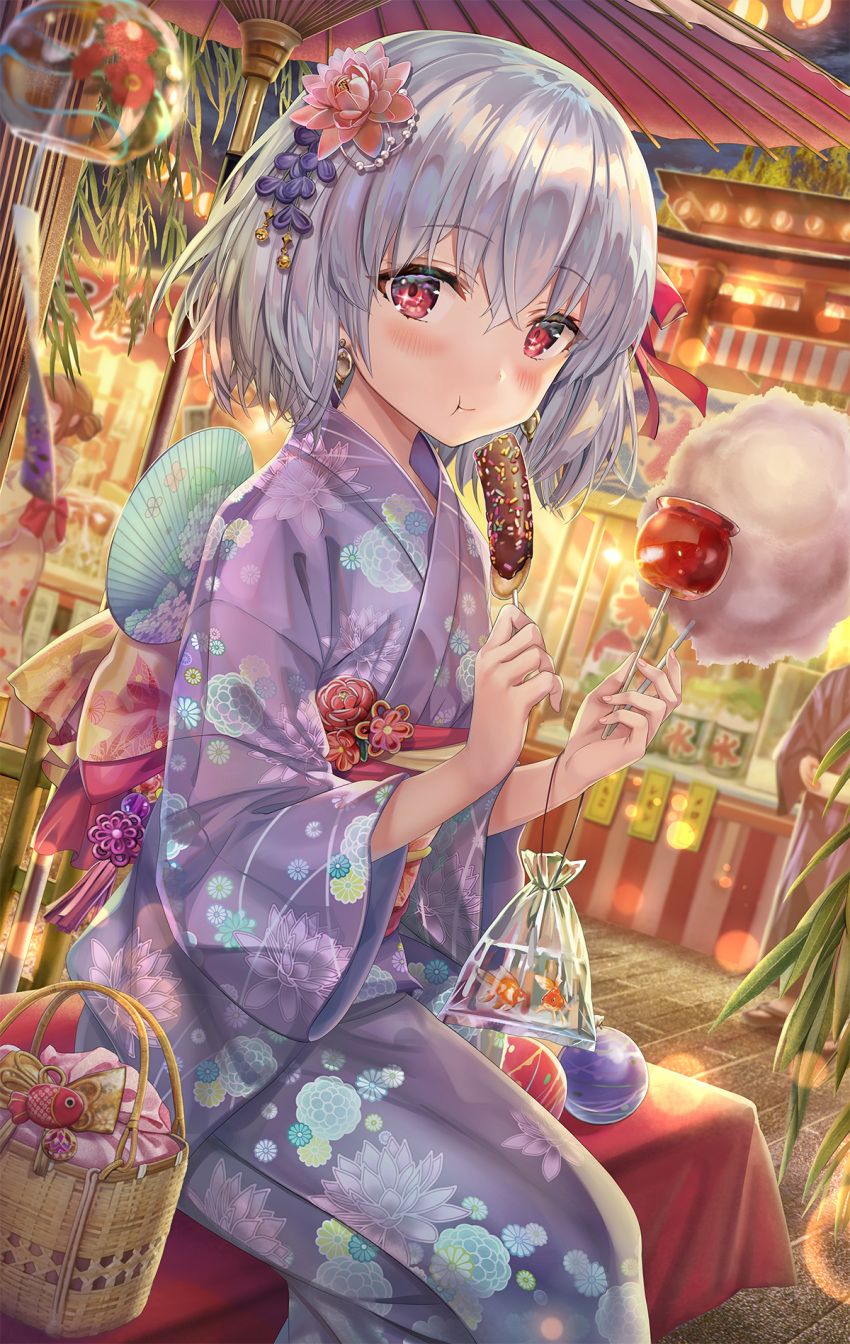 1girl bangs blush breasts candy_apple chocolate_banana cotton_candy earrings eating fan fate/grand_order fate_(series) festival fish floral_print flower food goldfish hair_flower hair_ornament hair_ribbon highres japanese_clothes jewelry kama_(fate/grand_order) kimono looking_at_viewer lotus obi oriental_umbrella paper_fan pink_ribbon purple_kimono red_eyes ribbon sash short_hair silver_hair small_breasts sparkling_eyes torino_akua umbrella wide_sleeves wind_chime