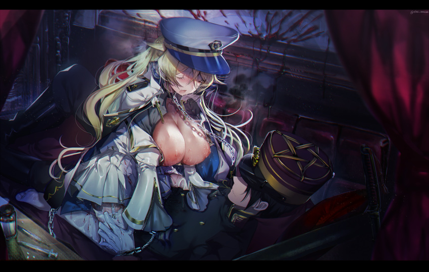1boy 1girl black_hair blood blush breasts chain closed_eyes coat collar cowgirl_position drugged girl_on_top gloves hat hetero highres ikunix02 jacket large_breasts long_hair military military_hat military_uniform nipples open_mouth original pleated_skirt restrained saliva sex skirt smile straddling sweat thighhighs uniform vaginal very_long_hair virgin