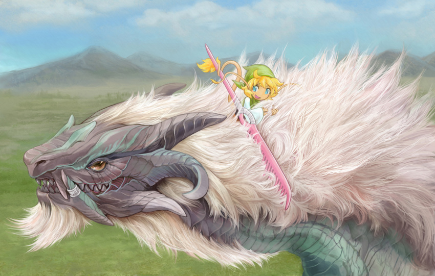 1boy ahoge blonde_hair blue_eyes comb combing fur giant_monster horns minats monster on_animal outdoors oversized_object pixiv_fantasia pixiv_fantasia_5 prehensile_tail sharp_teeth smile tail teeth