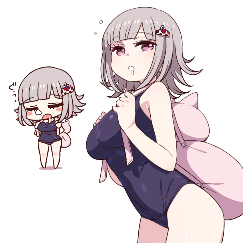 1girl :o alternate_costume backpack bag bangs bare_arms bare_shoulders black_swimsuit blunt_bangs blush blush_stickers breasts chan_co chibi closed_eyes competition_school_swimsuit cowboy_shot danganronpa drooling eyebrows_visible_through_hair full_body hair_ornament highres large_breasts looking_at_viewer multiple_views nanami_chiaki open_mouth purple_eyes saliva short_hair silver_hair sleeping sleeping_upright sleepy standing super_danganronpa_2 swimsuit thighs translation_request