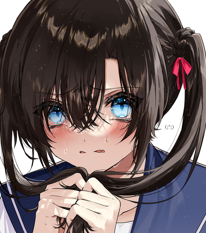 1girl biting blue_eyes blush brown_hair commentary fang fuuna_(conclusion) hair_between_eyes hair_ribbon highres holding holding_hair lip_biting looking_at_viewer original red_ribbon ribbon sailor_collar school_uniform serafuku skin_fang slit_pupils solo sweat tears twintails upper_body white_background