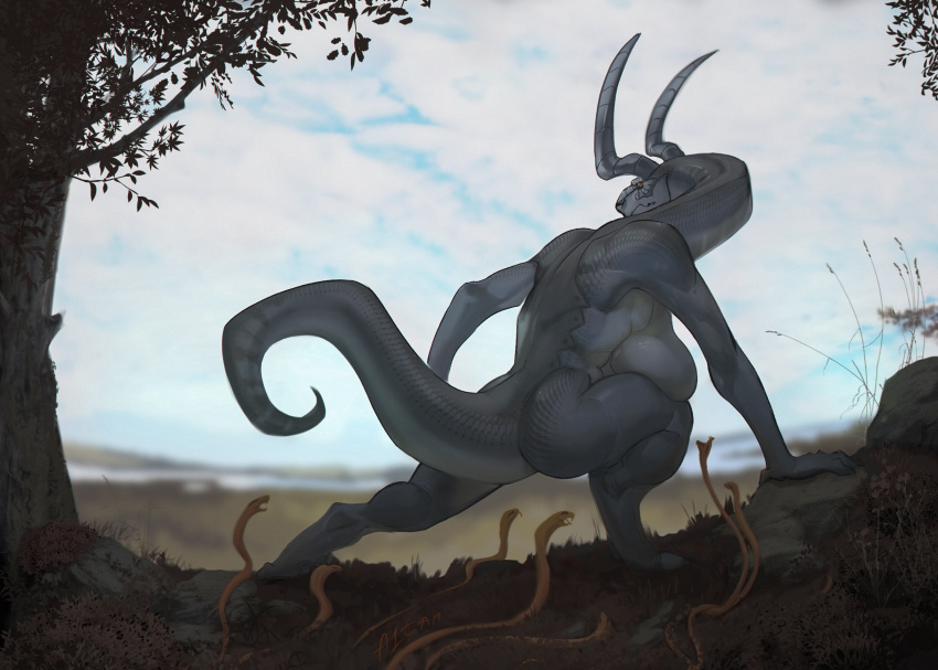 2020 a1tar ajatar anthro big_breasts breasts demon detailed_background digital_media_(artwork) dragon female feral finland forest goddess_of_pestilence hi_res horn illustration mythology non-mammal_breasts nude outside reptile scalie scandinavia snake solo solo_focus tree