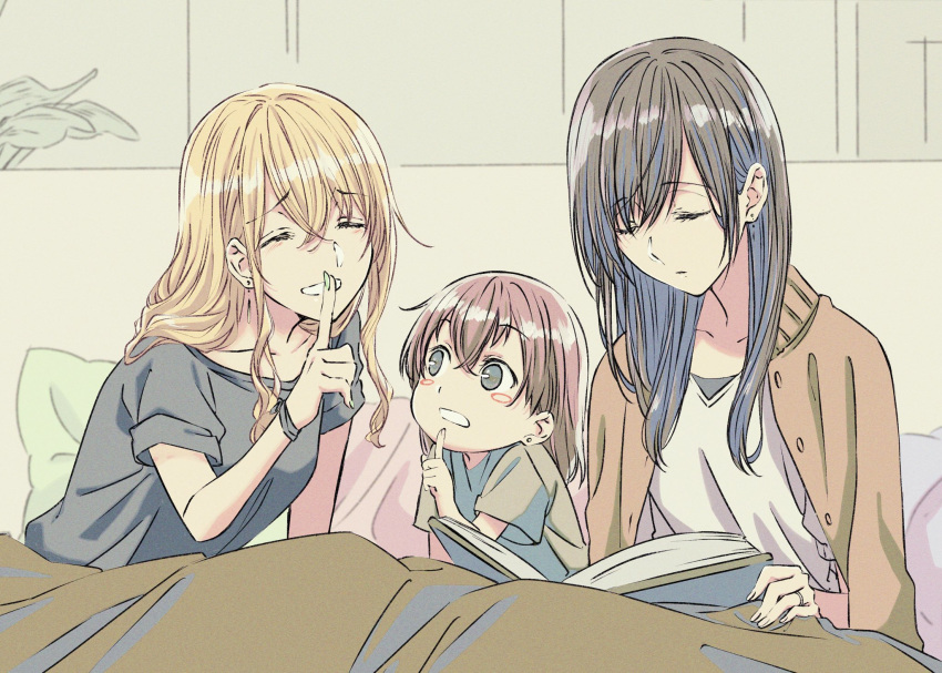 2girls aihara_mei aihara_yuzu black_hair blonde_hair child citrus_(saburouta) commentary_request couple family female_fertilization glidesloe green_eyes highres if_they_mated ips_cells mother_and_daughter multiple_girls purple_eyes sleeping step-siblings toddler wife_and_wife yuri