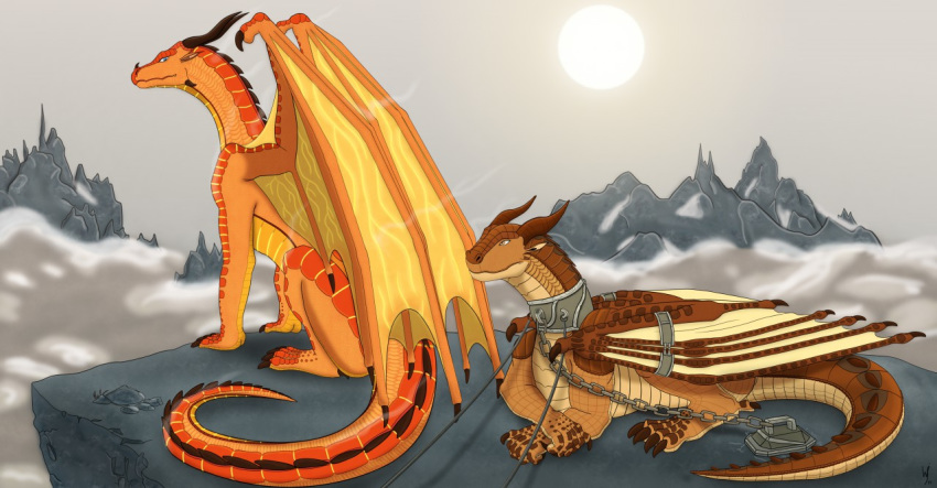 2017 ambiguous_gender clay_(wof) cloud detailed_background dragon duo feral horn looking_at_another looking_back lying mountain mudwing_(wof) orange_body orange_scales peril_(wof) quadruped restrained scales scalie signature sitting skywing_(wof) sun western_dragon wings wings_of_fire wisemans