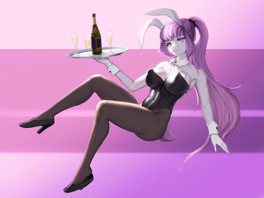 alcohol anthro beverage bunny_costume clothing collar corgimarine costume female footwear gloves hair handwear hi_res high_heels lagomorph leporid mammal pale_skin pink_eyes pink_hair rabbit shoes solo