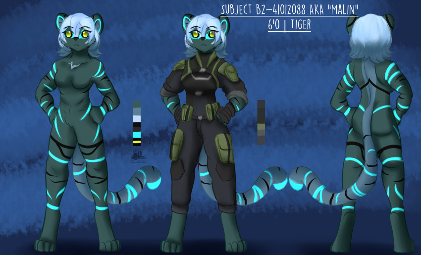 absurd_res clothing entranced felid glowing glowing_hair glowing_stripes hair hi_res malin_(hunterx90) mammal military_uniform model_sheet pantherine ref-sheet solo stripes super_soldier tiger uniform zakurujay