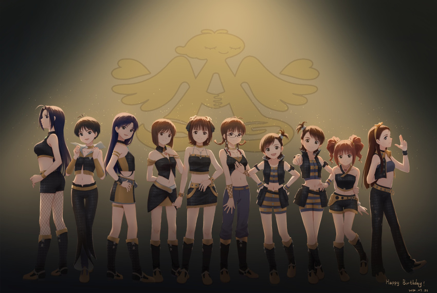 6+girls absurdres ahoge aiasixd akizuki_ritsuko amami_haruka antenna_hair arm_strap bangle belt black_eyes black_hair blue_hair boots bracelet braid brown_eyes brown_hair choker clenched_hand crop_top cropped_jacket cross cross_necklace dated finger_gun fishnet_legwear fishnets full_body futami_ami futami_mami glasses hagiwara_yukiho hair_ribbon hairband happy_birthday heart heart_necklace highres idolmaster idolmaster_(classic) idolmaster_1 jewelry kikuchi_makoto kisaragi_chihaya light_particles minase_iori miura_azusa multiple_girls navel necklace one_side_up open_mouth pants pencil_skirt ribbon short_shorts shorts siblings sidelocks skirt smile standing strapless takatsuki_yayoi thigh_gap thigh_strap tubetop twin_braids twins twintails