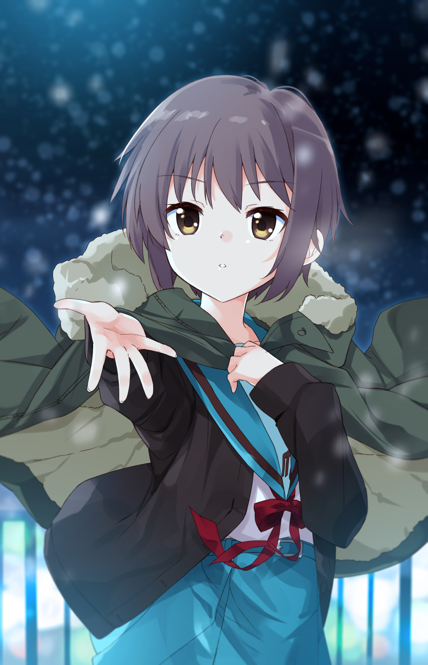 1girl :o absurdres bangs black_cardigan black_hair blue_sailor_collar blue_skirt bow brown_eyes cardigan commentary_request eyebrows_visible_through_hair fur-trimmed_hood fur_trim green_jacket hand_up highres hood hood_down hooded_jacket jacket jacket_on_shoulders long_sleeves looking_at_viewer mousou_(mousou_temporary) nagato_yuki night night_sky open_cardigan open_clothes outdoors outstretched_arm parted_lips pleated_skirt red_bow sailor_collar shirt short_hair skirt sky sleeves_past_wrists snowing solo suzumiya_haruhi_no_yuuutsu white_shirt
