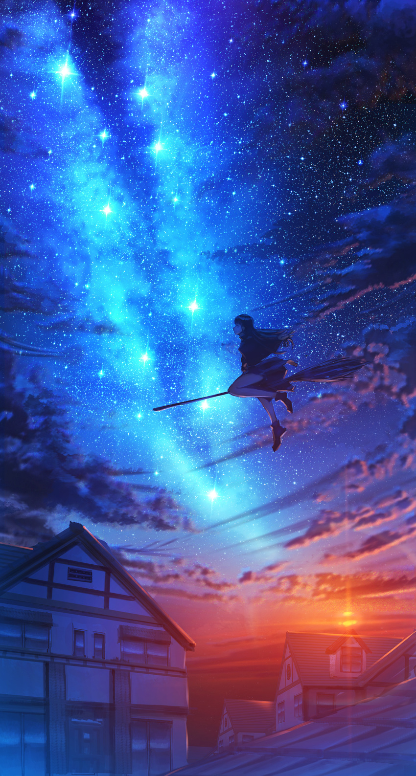 1girl absurdres bangs bare_legs black_hair black_jacket black_skirt blunt_bangs broom broom_riding building closed_mouth cloud constellation evening highres house jacket kenzo_093 lens_flare night night_sky original outstretched_arm pleated_skirt rooftop scenery school_uniform skirt sky solo star_(sky) starry_sky sun sunset window