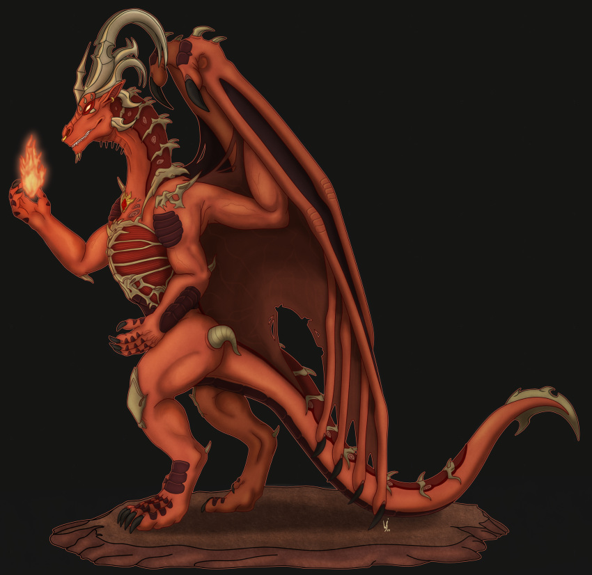 2020 absurd_res altarion_(wisemans) biped black_background dragon feral full-length_portrait hi_res horn long_tail magic_user male portrait red_body red_scales scales scalie side_view signature simple_background smile solo standing western_dragon wings wisemans