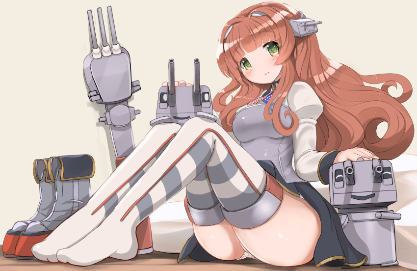 1girl adapted_turret american_flag_neckwear boots_removed breasts brown_hair brown_skirt browning_auto_5 green_eyes headgear helena_(kantai_collection) highres kantai_collection long_hair long_sleeves medium_breasts redundant-cat shirt sitting skirt smile solo thighhighs white_legwear white_shirt