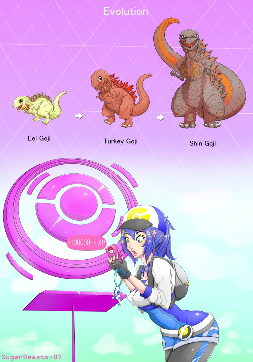 ambiguous_gender blue_eyes blue_hair blush breasts brown_body butt clothed clothing crossover fan_character fangs female godzilla godzilla_(series) hair hi_res holding_object human humanoid mammal nintendo open_mouth open_smile pok&eacute;dex pok&eacute;mon red_body smile solo spikes toho video_games vipery-07 white_body