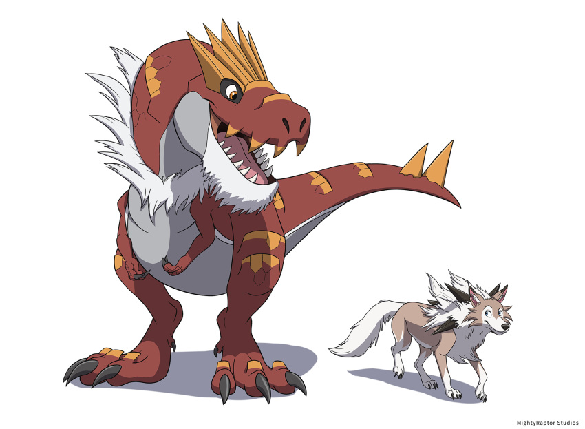 ambiguous_gender blue_eyes brother brothers canid canine canis carnivore claws dinosaur duo family feral fossil fossil_pok&eacute;mon hi_res keldyn lycanroc mammal midday_lycanroc mightyraptor nintendo pok&eacute;mon pok&eacute;mon_(species) reptile rock rockbros scalie sibling simple_background size_difference tavis teeth toe_claws tyrantrum video_games white_background