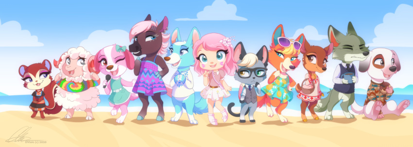 2020 accessory animal_crossing anthro audie_(animal_crossing) basket beverage blonde_hair blue_eyes bones_(animal_crossing) bottomless bottomwear bovid brown_eyes canid canine canis caprine cervid clothed clothing cloud coffee cookie_(animal_crossing) digital_media_(artwork) dobie_(animal_crossing) dom_(animal_crossing) domestic_cat domestic_dog dress dvixie ear_piercing ear_ring equid equine eyes_closed eyewear eyewear_on_head fauna_(animal_crossing) felid feline felis female flower flower_in_hair gesture glasses group hair hair_accessory heterochromia holding_cup holding_object hooves horn horse human male mammal microphone nintendo one_eye_closed open_mouth open_smile outside pawpads pecan_(animal_crossing) piercing pink_hair plant raymond_(animal_crossing) reneigh_(animal_crossing) rodent sciurid sheep shirt skirt sky skye_(animal_crossing) smile sunglasses sunglasses_on_head topwear tree_squirrel v_sign video_games villager_(animal_crossing) wink wolf