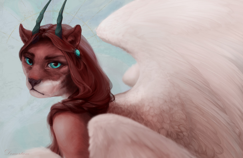 2020 anthro blue_eyes brown_hair demortum digital_media_(artwork) eyebrows eyelashes feathered_wings feathers felid feline female hair horn hybrid mammal solo white_body white_feathers wings